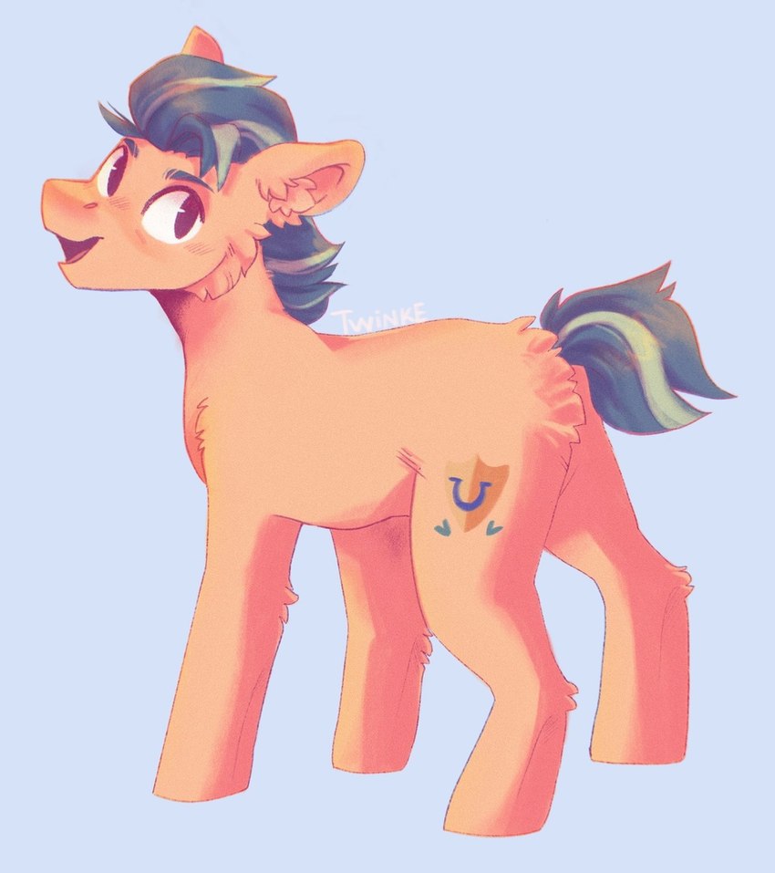 black_eyes blue_background butt butt_tuft cutie_mark feral fur green_hair green_mane green_tail hair head_tuft inner_ear_fluff leg_tuft looking_back male mane open_mouth open_smile short_tail simple_background smile solo tail tuft yellow_body yellow_fur twinkesss hasbro mlp_g5 my_little_pony hitch_trailblazer_(mlp) earth_pony equid equine horse mammal pony