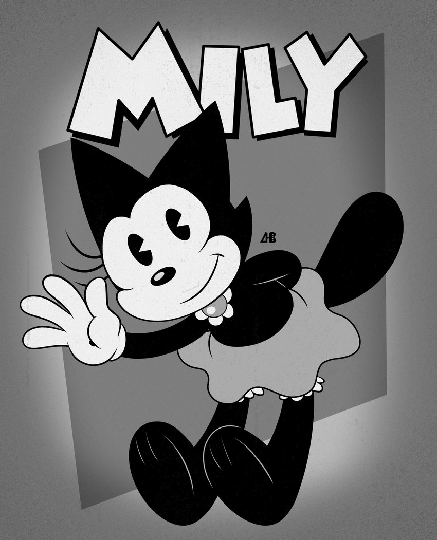 4_fingers anthro biped black_body black_eyes black_nose black_tail bottomwear closed_smile clothing female fingers gloves hand_behind_back handwear looking_at_viewer mouth_closed name_drop skirt smile solo tail text toony wave white_sclera white_text luanctoons mily_(luanctoons) domestic_cat felid feline felis mammal 2024 absurd_res english_text hi_res monochrome
