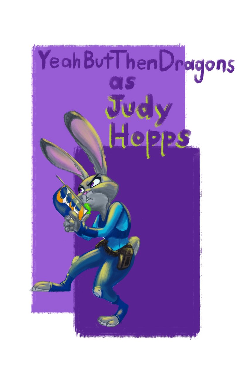 anthro armed belt belt_pouch female poster poster_template solo text mattczu disney zoo_52 zootopia judy_hopps lagomorph leporid mammal rabbit absurd_res digital_media_(artwork) hi_res