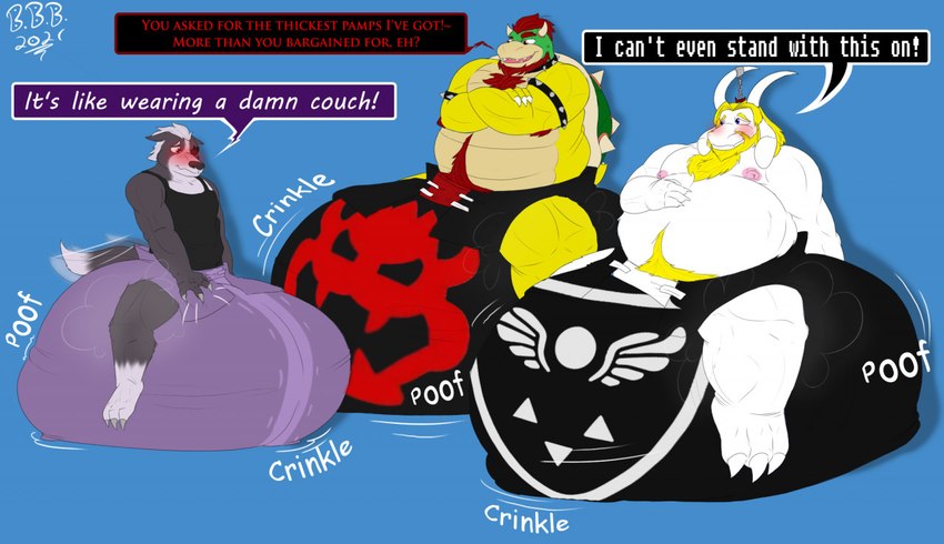 anthro armband beard belly big_belly big_diaper black_clothing black_diaper black_shirt black_tank_top black_topwear blonde_hair blue_background blush bowser_logo claws clean_diaper clothed clothing collar crossed_arms delta_rune_(emblem) dialogue diaper dipstick_tail facial_hair fur grey_body grey_fur group hair hand_on_belly horn huge_diaper long_ears male markings morbidly_obese motion_lines multicolored_body multicolored_fur musclegut muscular muscular_male nipples obese onomatopoeia overweight overweight_male pink_nipples purple_diaper red_hair red_text shell shirt simple_background sound_effects speech_bubble spiked_armband spiked_collar spiked_shell spikes spikes_(anatomy) symbol tail tail_markings tank_top text topwear trio two_tone_body two_tone_fur wearing_diaper white_body white_fur white_text yellow_body bigbearbruno mario_bros nintendo star_fox undertale undertale_(series) asgore_dreemurr bowser wolf_o'donnell bovid canid canine canis caprine goat koopa mammal scalie wolf 2021 digital_drawing_(artwork) digital_media_(artwork) english_text signature