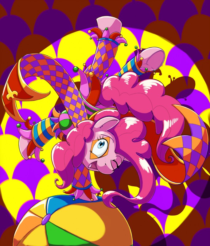 ball blue_eyes bodypaint clothed clothing clown face_paint female feral fur hair handstand hooves looking_at_viewer on_ball on_one_hand one_eye_closed open_mouth pink_body pink_fur pink_hair smile solo toony wink otakuap friendship_is_magic hasbro my_little_pony pinkie_pie_(mlp) earth_pony equid equine horse mammal pony 2015 hi_res