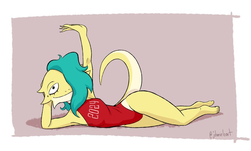 anthro clothing female female/female green_hair hair leotard looking_at_viewer smile solo jdanieloart joy_(jdanieloart) agamid bearded_dragon lizard reptile scalie hi_res