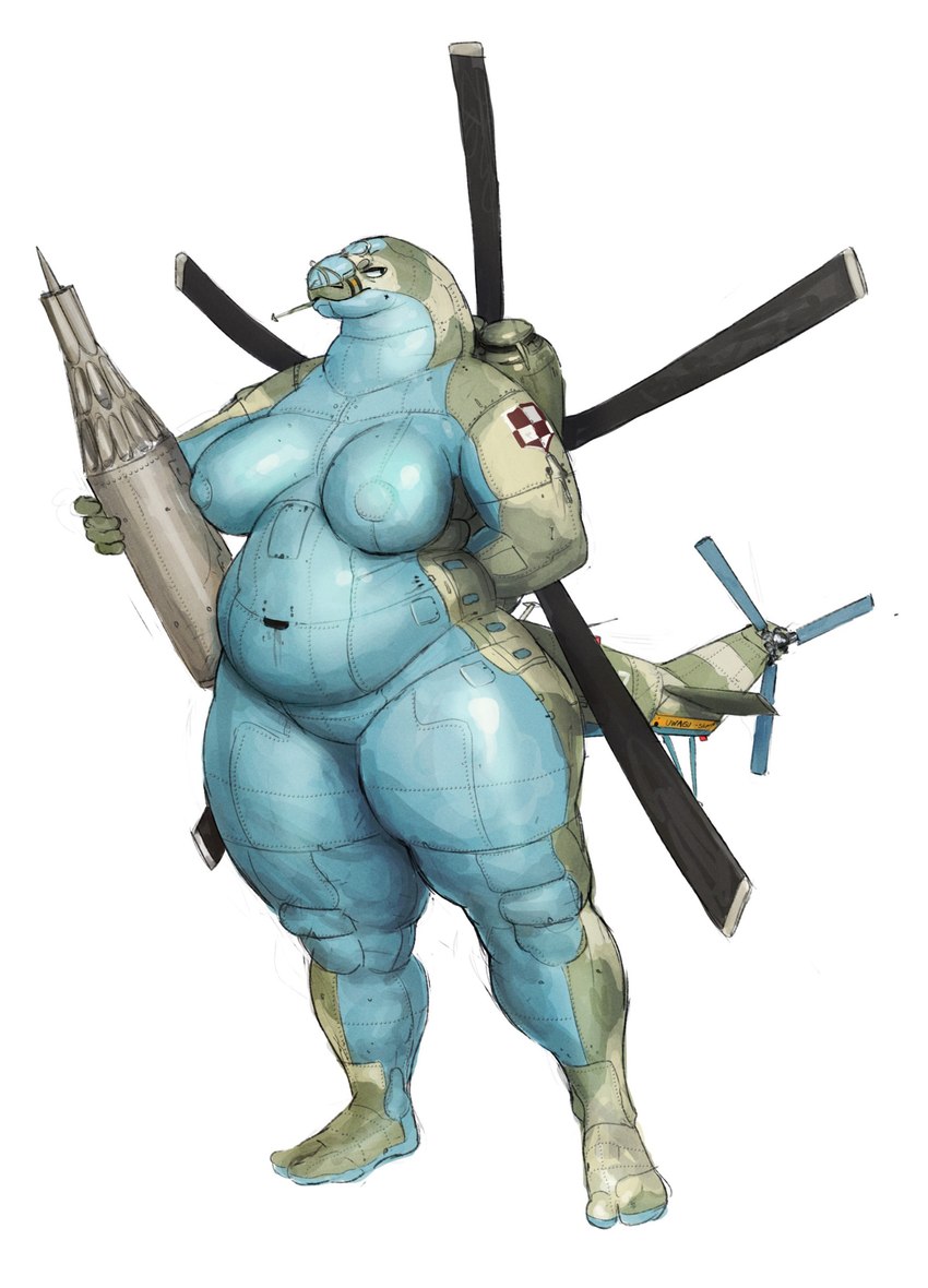 aircraft anthro belly breasts featureless_crotch female helicopter holding_object holding_weapon machine mi-24 missile_launcher navel nipples nude overweight overweight_anthro overweight_female polish_air_force_checkerboard rotor simple_background solo standing tail vehicle weapon white_background cettus mil_moscow_helicopter_plant yeka_(cettus) aircraft_humanoid living_aircraft living_helicopter living_machine living_vehicle 2022 absurd_res hi_res