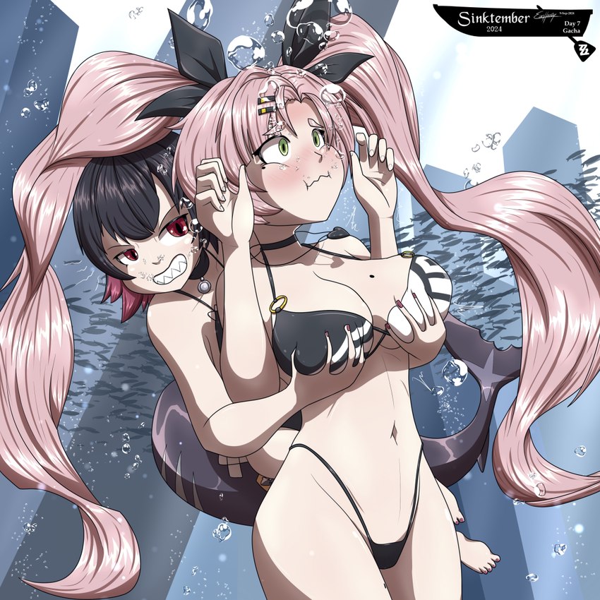 accessory bandage bikini black_hair blush bow_ribbon breast_grab breasts bubble choker cleavage clothed clothing colored_nails duo embarrassed female fin flooding green_eyes hair hair_accessory hairpin hand_on_breast heart_necklace highlights_(coloring) jewelry light_body light_skin markings medallion mole_(marking) nails navel necklace notched_fin o-ring o-ring_bikini o-ring_bikini_top o-ring_swimwear pink_hair puffed_cheeks raised_hand red_eyes red_markings red_nails scar shark_tail sharp_teeth sticker swimming swimwear teeth twintails_(hairstyle) two-piece_swimsuit underwater water evan_harrey mihoyo sinktember sinktember_2024 zenless_zone_zero ellen_joe_(zzz) nicole_demara fish human humanoid mammal marine shark 1:1