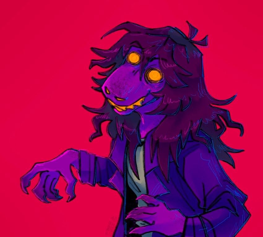 5_fingers anthro claws clothing crazed creepy empty_eyes eyebrow_through_hair eyebrows female fingers hair jacket looking_at_viewer messy_hair purple_body purple_hair purple_skin red_background sharp_teeth simple_background smile solo teeth topwear translucent translucent_hair yellow_eyes yellow_teeth ebonytails deltarune undertale_(series) susie_(deltarune) dinosaur prehistoric_species reptile scalie digital_media_(artwork) hi_res signature