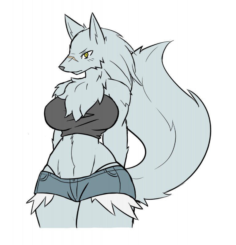 anthro bare_shoulders big_breasts biped blush bottomwear breasts chest_tuft clothed clothing exposure_variation eyebrows female fluffy fluffy_tail fur grey_body grey_fur half-closed_eyes looking_at_viewer midriff muscular muscular_anthro muscular_female narrowed_eyes navel scar shorts simple_background solo standing tail thick_thighs thong tuft underwear white_background wide_hips yellow_eyes rakkuguy velvela canid canine canis mammal wolf hi_res