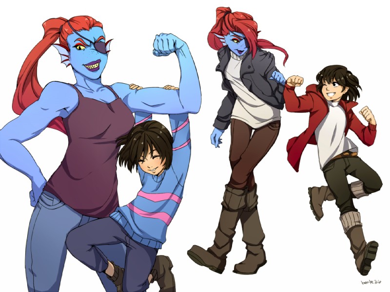 frisk and undyne (undertale (series) and etc) created by bente36