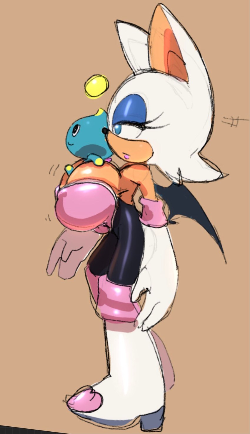 anthro armwear big_breasts blue_eyeshadow boots breasts cleavage clothed clothing duo elbow_gloves eyelashes eyeshadow female footwear glistening_eyelids gloves hair handwear lidded_eyes lipstick makeup nipple_outline riding shoes side_view simple_background tan_background white_hair wings bananagaari sega sonic_adventure sonic_the_hedgehog_(series) rouge_the_bat bat chao_(sonic) mammal 2022 digital_media_(artwork) hi_res