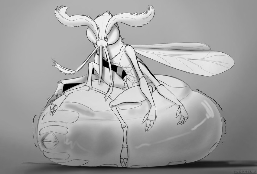abdominal_bulge ambiguous_gender ambiguous_prey anthro arthropod_abdomen bloated compound_eyes insect_wings invertebrate_proboscis male multi_limb neck_tuft organs proboscis_(anatomy) sitting stomach swollen tuft vore wings flophelia arthropod fly_(animal) insect invertebrate mosquito hi_res monochrome sketch