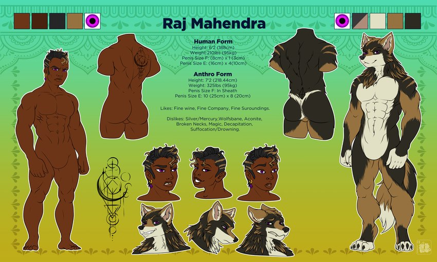 brown_body brown_fur fur indian person_of_color piercing solo tattoo text celestbrook mythology raj_mahendra canid canine canis human mammal mythological_canine mythological_creature werecanid werecanine werecreature werewolf wolf 5:3 absurd_res english_text hi_res model_sheet