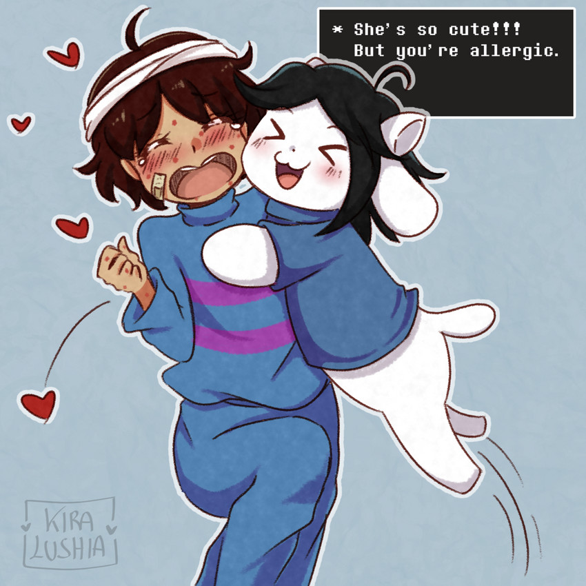 allergy duo hair white_body kiralushia undertale undertale_(series) frisk_(undertale) temmie_(undertale) human mammal tem 1:1 hi_res