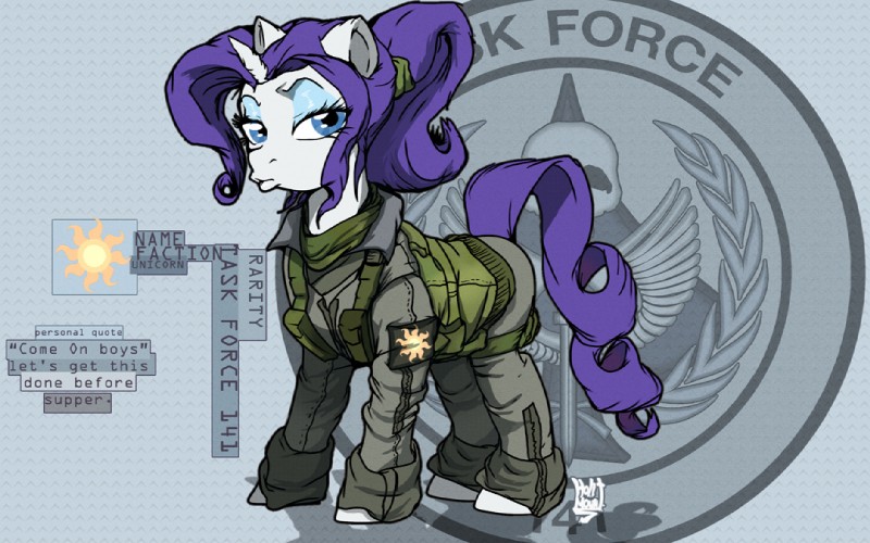 blue_eyes female feral hair horn long_hair purple_hair quadruped short_hair solo tail text holimount activision call_of_duty friendship_is_magic hasbro my_little_pony mythology rarity_(mlp) equid equine mammal mythological_creature mythological_equine unicorn 16:10 crossover english_text widescreen