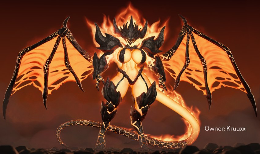 armor big_breasts breasts clothing female fire flaming_body flaming_eyes flaming_tail monster_girl_(genre) muscular muscular_female orange_body rock rock_armor solo strong_female tail thick_thighs torn_wing wings apulaz nazahvazul abyssal_netherborne_(kruuxx) demon elemental_creature fire_creature humanoid monster netherborne_(kruuxx) absurd_res hi_res