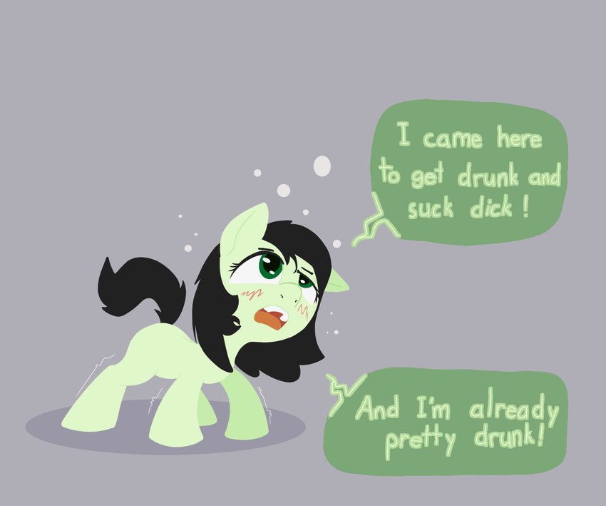 black_hair blush bubble cross-eyed dialogue drunk female feral fur green_body green_eyes green_fur grey_background hair open_mouth phone_drawing propositioning raised_tail shaky_legs simple_background solo substance_intoxication tail text young young_feral happy_harvey hasbro my_little_pony filly_anon earth_pony equid equine horse mammal pony english_text hi_res