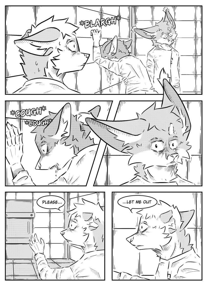 anthro bodily_fluids clothed clothing door group inner_ear_fluff inside male missing_ear scar shocked simple_background speech_bubble text trio tuft vomit vomiting kifyun2 eric_doyle canid canine fox hybrid mammal absurd_res black_and_white comic hi_res monochrome