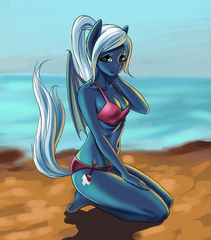 anthro anthrofied beach bikini biped breasts clothing cutie_mark female hair kneeling light long_hair looking_at_viewer ponytail sea seaside smile solo suggestive sunlight swimwear two-piece_swimsuit water wings derpifecalus prisma6 hasbro my_little_pony fan_character bat_pony equid mammal hi_res