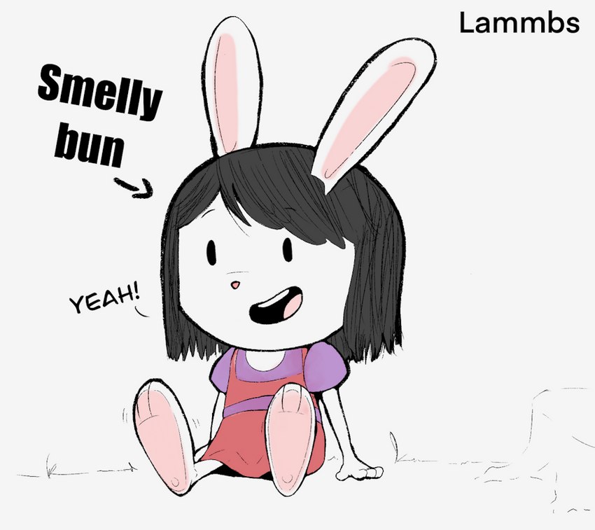 anthro barefoot black_hair clothed clothing dialogue feet female fur hair open_mouth simple_background solo text white_body white_fur young young_anthro dummycervine elinor_wonders_why pbs elinor_rabbit lagomorph leporid mammal rabbit digital_media_(artwork) english_text impact_(font) source_request unavailable_at_source