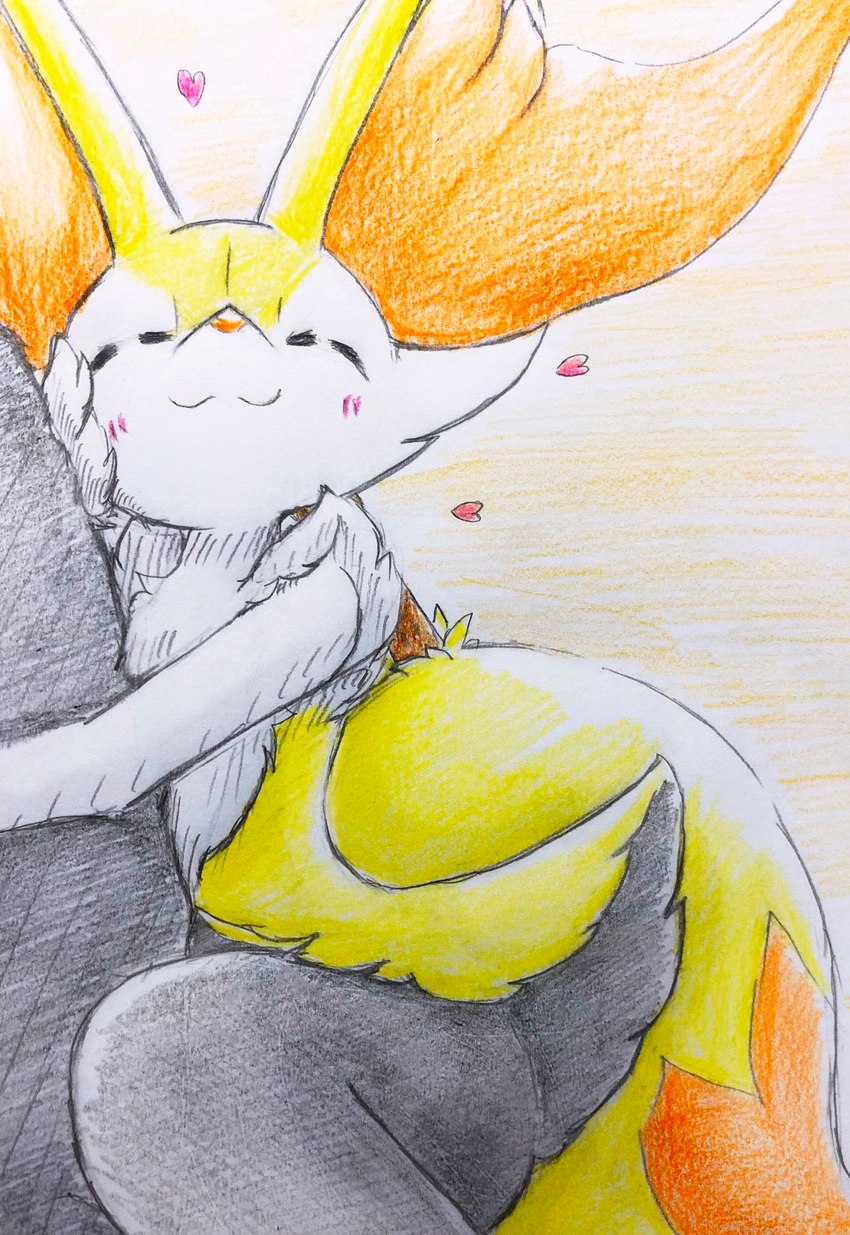 ambiguous_gender anthro blush blush_lines eyes_closed fur grey_body grey_fur heart_symbol hug inner_ear_fluff orange_body orange_fur simple_background solo stick tuft white_body white_fur yellow_body yellow_fur eiroru nintendo pokemon braixen canid canine generation_6_pokemon mammal pokemon_(species) 2023 graphite_(artwork) hi_res traditional_media_(artwork)