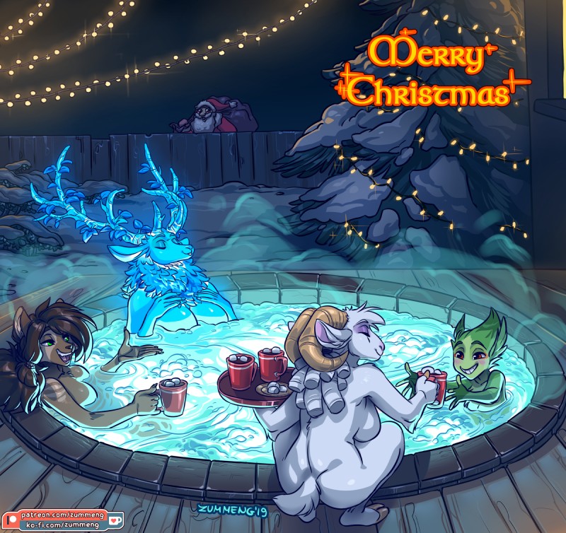 anthro being_watched beverage blue_body blue_fur blush breasts brown_body brown_fur brown_hair butt christmas_decorations christmas_lights crouching curved_horn detailed_background dreadlocks eyeliner eyes_closed eyeshadow female fur green_eyes group hair holding_object holidays horn hot_tub light looking_at_another makeup male night nude plant red_eyes side_boob skinny_dipping smile snow steam tasteful tasteful_nudity text tray tree water white_body white_fur white_hair zummeng christmas background_character chili_(zummeng) gloria_(zummeng) luna_(zummeng) miralle santa_claus bovid caprine deer deity domestic_cat elemental_creature felid feline felis flora_fauna goat human hybrid lagomorph leporid mammal rabbit 2019 english_text hi_res