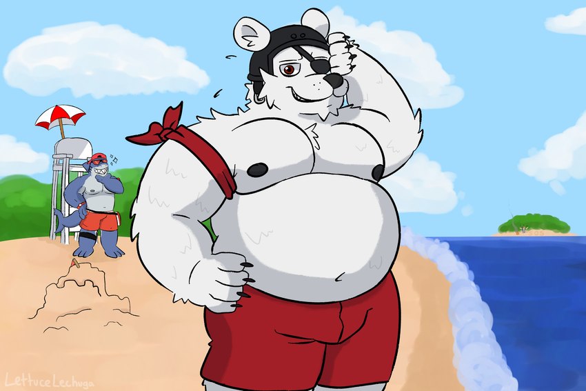 anthro armband beach belly clothing duo eye_patch eyewear fur headgear lifeguard lifeguard_chair lifeguard_tower male musclegut muscular muscular_anthro muscular_male nipples overweight overweight_male pecs shirtless simple_background summer swimming_trunks swimwear white_body white_fur lettucelechuga epic_games fortnite background_character meowscles polar_patroller purradise_meowscles safety_first_steve_(fortnite) bear fish mammal marine polar_bear shark ursine 3:2 hi_res