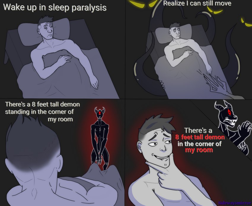 aroused bed bedroom_eyes bite biting_lip disembodied_eyes disgusted_face duo floating_eyes furniture male male/male narrowed_eyes red_aura seductive tentacles text sidewaysmirror demon human humanoid mammal comic english_text hi_res