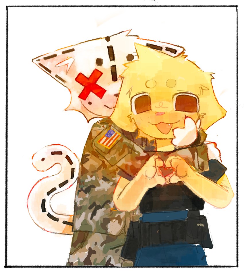 american_flag anthro armor army_uniform belt body_armor border brown_eyes camo camo_clothing camo_print chibi circle_eyebrows clothed clothing coast_guard coast_guard_uniform duo eyebrows floppy_ears fully_clothed fur gesture gun_belt heart_gesture hug hugging_another hugging_from_behind male male/male military military_uniform open_mouth open_smile pattern_clothing pink_nose plushie romantic romantic_couple simple_background smile soldier standing tail uniform united_states_of_america utility_belt warrior white_background white_body white_border white_fur x_eyes yellow_body yellow_fur dogmasque9999 button_(us_cannonfodder) frontier_(dogmasque9999) animate_inanimate bird_dog canid canine canis domestic_cat domestic_dog felid feline felis hunting_dog labrador living_plushie mammal retriever 2024 absurd_res digital_drawing_(artwork) digital_media_(artwork) hi_res shaded