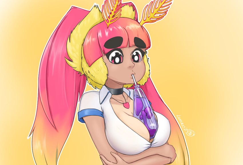 alternative_fashion big_breasts blonde_hair breasts choker cleavage clothed clothing drinking eyebrows female gyaru hair heart_symbol item_in_cleavage j-fashion jewelry lamp lava_lamp looking_down moth_antennae multicolored_hair necklace pink_hair solo tanned_skin thick_eyebrows twintails_(hairstyle) two_tone_hair notrip hands-free_bubble_tea vtuber ichigo_lemonade arthropod humanoid insect lepidopteran moth rosy_maple_moth 2021 digital_media_(artwork) meme