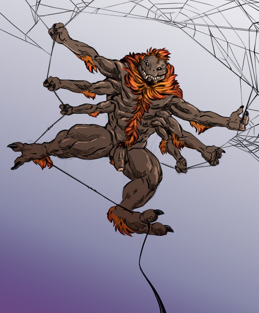 anthro arthropod_webbing genitals hair humanoid_genitalia humanoid_penis male mohawk multi_eye multi_limb penis solo intricatevision ostarn terek arachnid arthropod mygalomorph spider tarantula absurd_res artist_collaboration hi_res