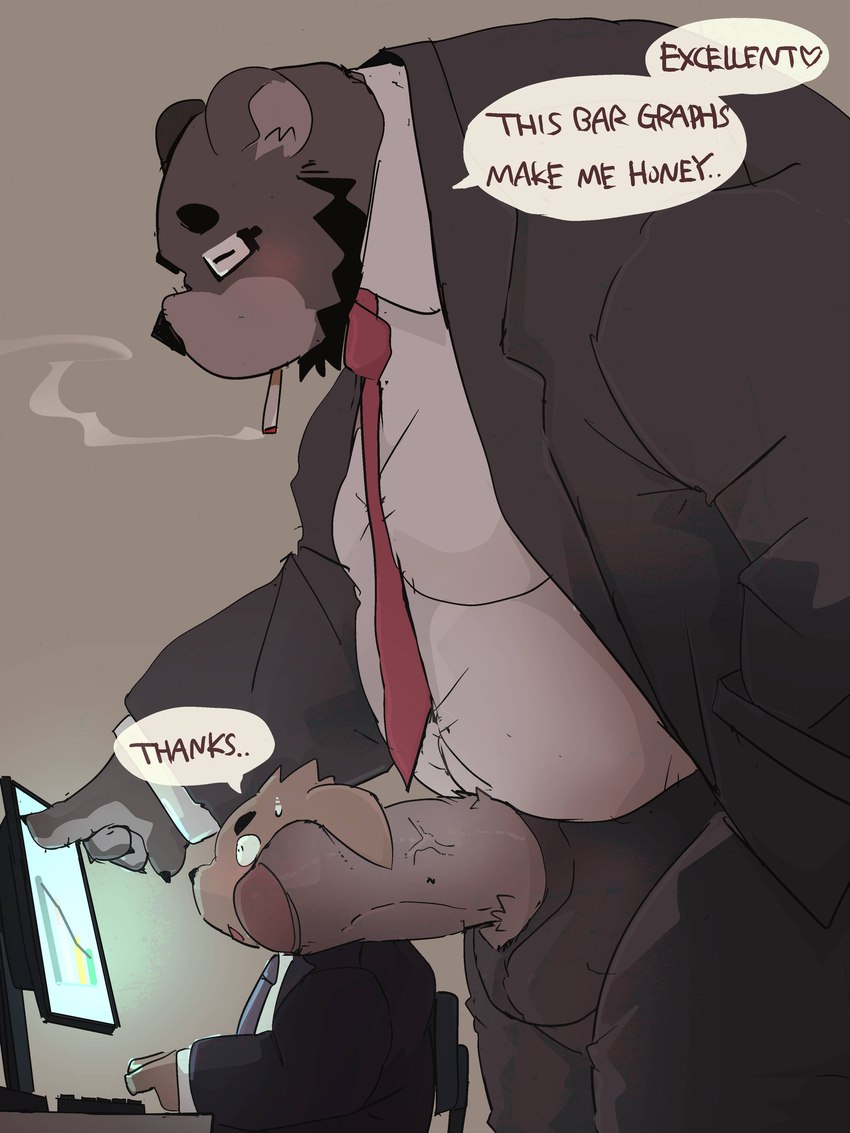 anthro aroused blush business_suit cigarette clothing duo erection genitals larger_male male male/male overweight overweight_male penis penis_on_face penis_poking_out penis_through_fly size_difference smoking smoking_cigarette suit text unprofessional_behavior workplace dumdum bear canid canine canis domestic_dog mammal 3:4 absurd_res english_text hi_res