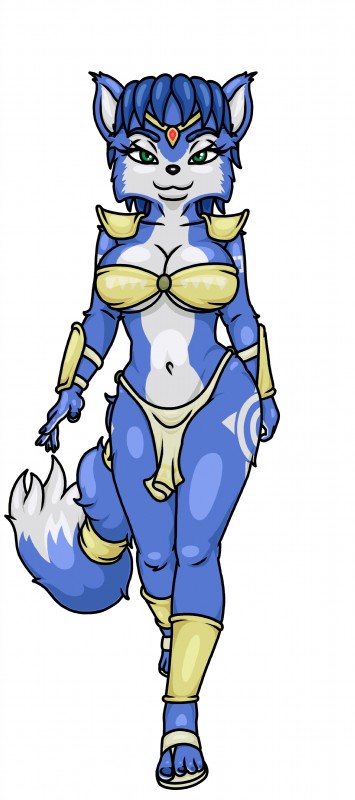 anthro big_breasts breasts cleavage clothed clothing female footwear looking_at_viewer sandals shoes skimpy smile solo happyanthro nintendo star_fox krystal_(star_fox) canid canine fox mammal 2017 absurd_res hi_res