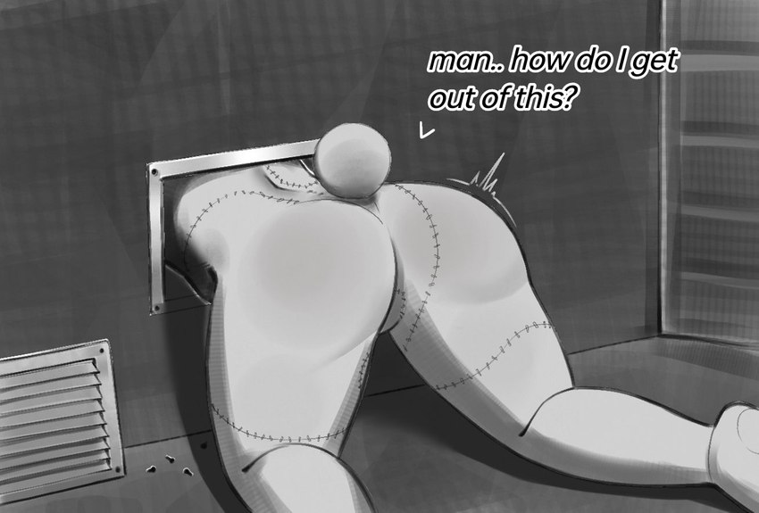 air_vent anthro big_butt butt cotton_tail dialogue featureless_crotch female question_mark rear_view seam_(sewing) solo stitch_(sewing) stuck text thick_thighs vent wide_hips grimy291 five_nights_at_freddy's scottgames vanny_(fnaf) lagomorph leporid mammal rabbit 2024 digital_media_(artwork) english_text monochrome