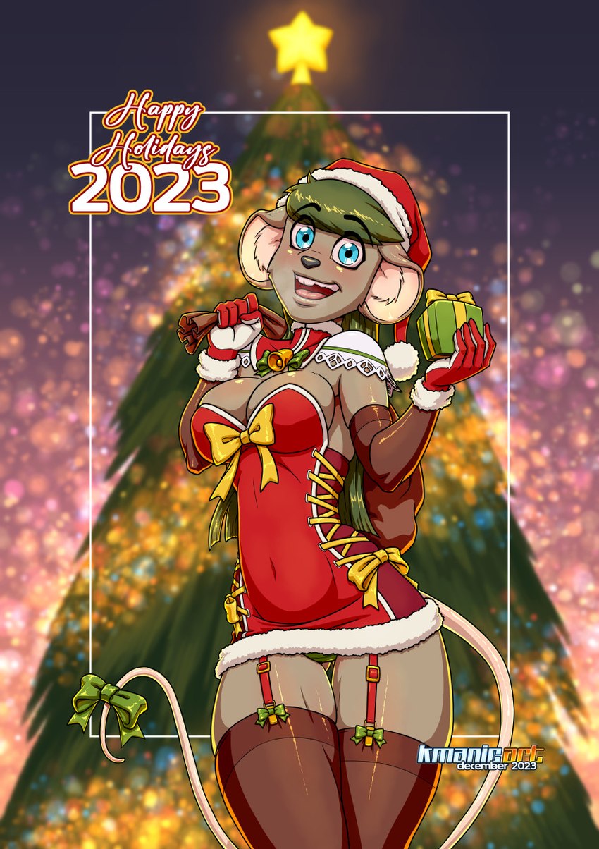 accessory anthro blue_eyes bow_ribbon breasts buckteeth christmas_clothing christmas_dress christmas_headwear christmas_tree cleavage clothed clothing dress female furgonomics gift hat headgear headwear holding_gift holding_object holding_sack holidays looking_at_viewer open_mouth plant ribbons sack santa_hat short_dress smile smiling_at_viewer solo tail tail_accessory tail_bow tail_ribbon teeth text tree underwear wide_eyed keiron_white christmas katie_tinson mammal mouse murid murine rodent 2023 hi_res signature