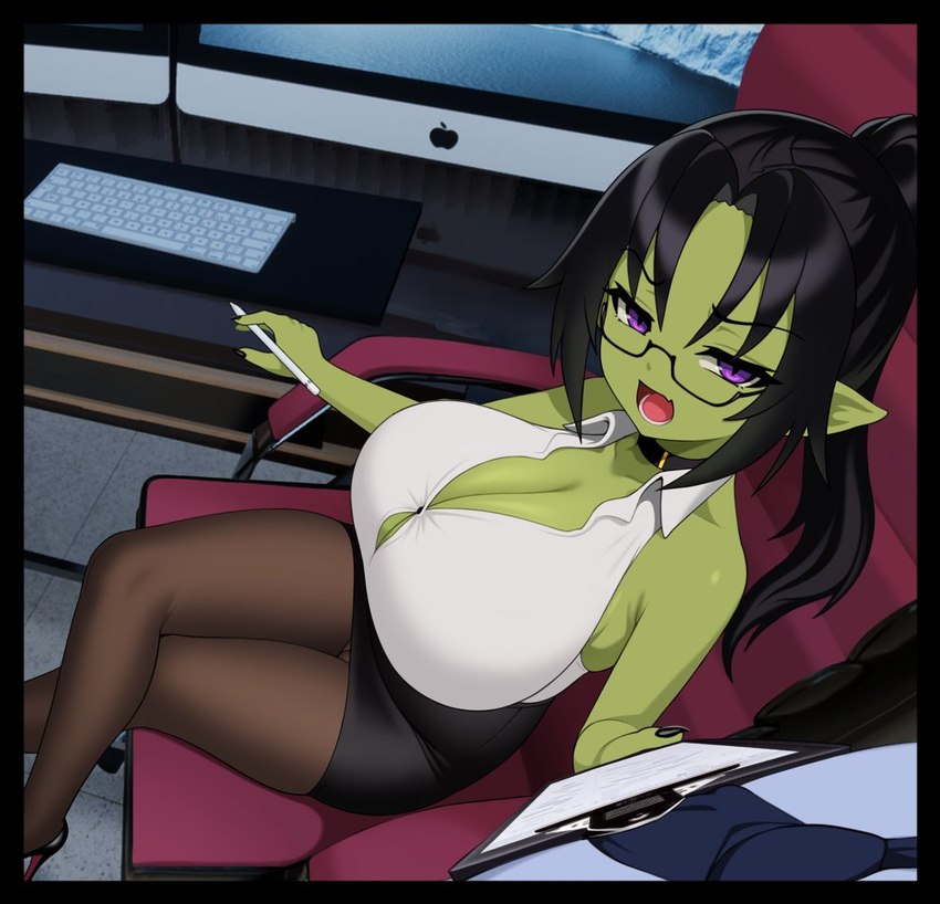 big_breasts black_hair black_nails bottomwear breasts cleavage clipboard clothed clothing colored_nails computer duo electronics female first_person_view footwear green_body green_skin hair high_heels huge_breasts humanoid_pointy_ears laptop legwear male male/female male_pov nails not_furry office office_lady pantyhose pen pointy_ears purple_eyes shoes short_stack skirt grimgrim apple_inc. goblin humanoid digital_media_(artwork)