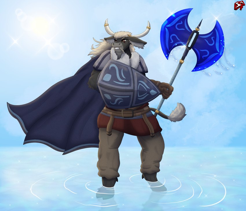 anthro armor axe barefoot beard belt belt_buckle blonde_hair blue_sky bottomwear brown_bottomwear brown_clothing brown_pants buckle cape clothing cloud countershade_face countershading double_bitted_axe enchanted_weapon eye_scar facial_hair facial_scar feet fur gauntlets gloves greataxe grey_body grey_fur hair handwear holding_axe holding_object holding_shield holding_weapon hooves horn horn_jewelry horn_ring inner_ear_fluff jewelry kite_shield light long_hair loredump_in_description male mature_male metal_shield orange_eyes outside pants partially_submerged red_clothing ring_(jewelry) scar seascape shield shoulder_pads sky skyscape smile solo submerged_feet sun sunlight tail tuft water weapon wheat wheat_in_mouth stylish_apollo xander_dorwin bovid bovine mammal true_buffalo water_buffalo hi_res story story_in_description