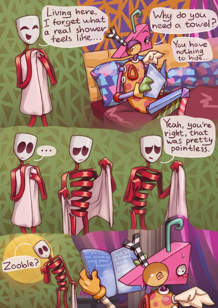 ambiguous_gender asymmetrical_eyes bath_towel bed black_eyes blush bodily_fluids book covering covering_face duo earless ellipsis empty_eyes expressive_mask featureless_chest featureless_crotch flustered furniture holding_object looking_at_another looking_away looking_down markings mask mouthless noseless not_furry nude null oblivious pink_head reading reading_book red_body ribbons sitting speech_bubble spots spotted_body sweat talking_to_another text towel white_head wide_eyed paffshy glitch_productions the_amazing_digital_circus gangle_(tadc) zooble_(tadc) animate_inanimate digital_creature humanoid living_mask 2025 absurd_res artist_name comic english_text hi_res female_(lore)