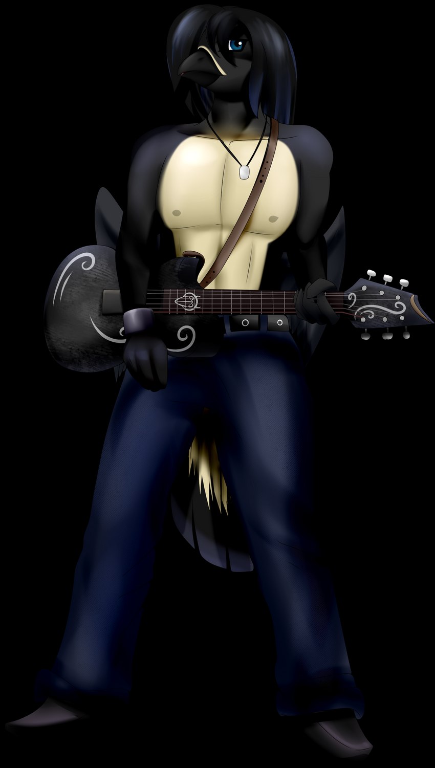 anthro black_hair blue_eyes bottomwear clothing denim denim_bottomwear denim_clothing guitar guitarist hair jeans jewelry male musical_instrument musician necklace nipples non-mammal_nipples our_fragile_echo pants plucked_string_instrument rock_(genre) shirtless_male simple_background solo string_instrument translucent transparent_background blueondrive heavy_metal rift_seekers_saga kullervo_venalainen avian bird corvid corvus_(genus) crow oscine passerine absurd_res alpha_channel hi_res