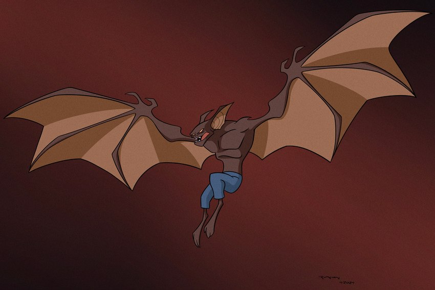 anthro barefoot bat_wings big_ears biped blue_bottomwear blue_clothing blue_pants bottomwear brown_body brown_fur clothed clothing fangs feet fur male membrane_(anatomy) membranous_wings open_mouth pants simple_background solo teeth topless wings year yellow_sclera arunion batman_(series) dc_comics man-bat bat mammal 2024 3:2 absurd_res dated full-length_portrait hi_res portrait signature