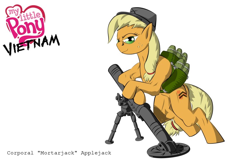 artillery blonde_hair clothing female feral green_eyes hair hat headgear headwear mortar ranged_weapon simple_background solo tail vietnam weapon white_background unknown_artist friendship_is_magic hasbro my_little_pony applejack_(mlp) earth_pony equid equine horse mammal pony hi_res