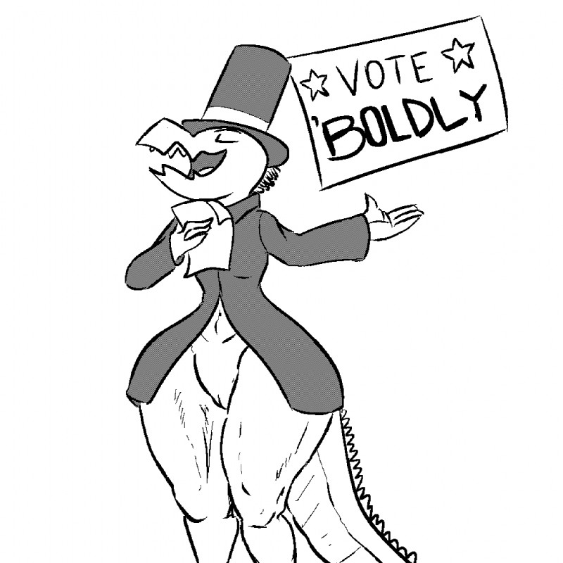 anthro bottomless clothed clothing coat dialogue election female genitals hat headgear headwear pussy simple_background solo text top_hat topwear totalgary kobold 1:1 aliasing black_and_white digital_media_(artwork) english_text monochrome