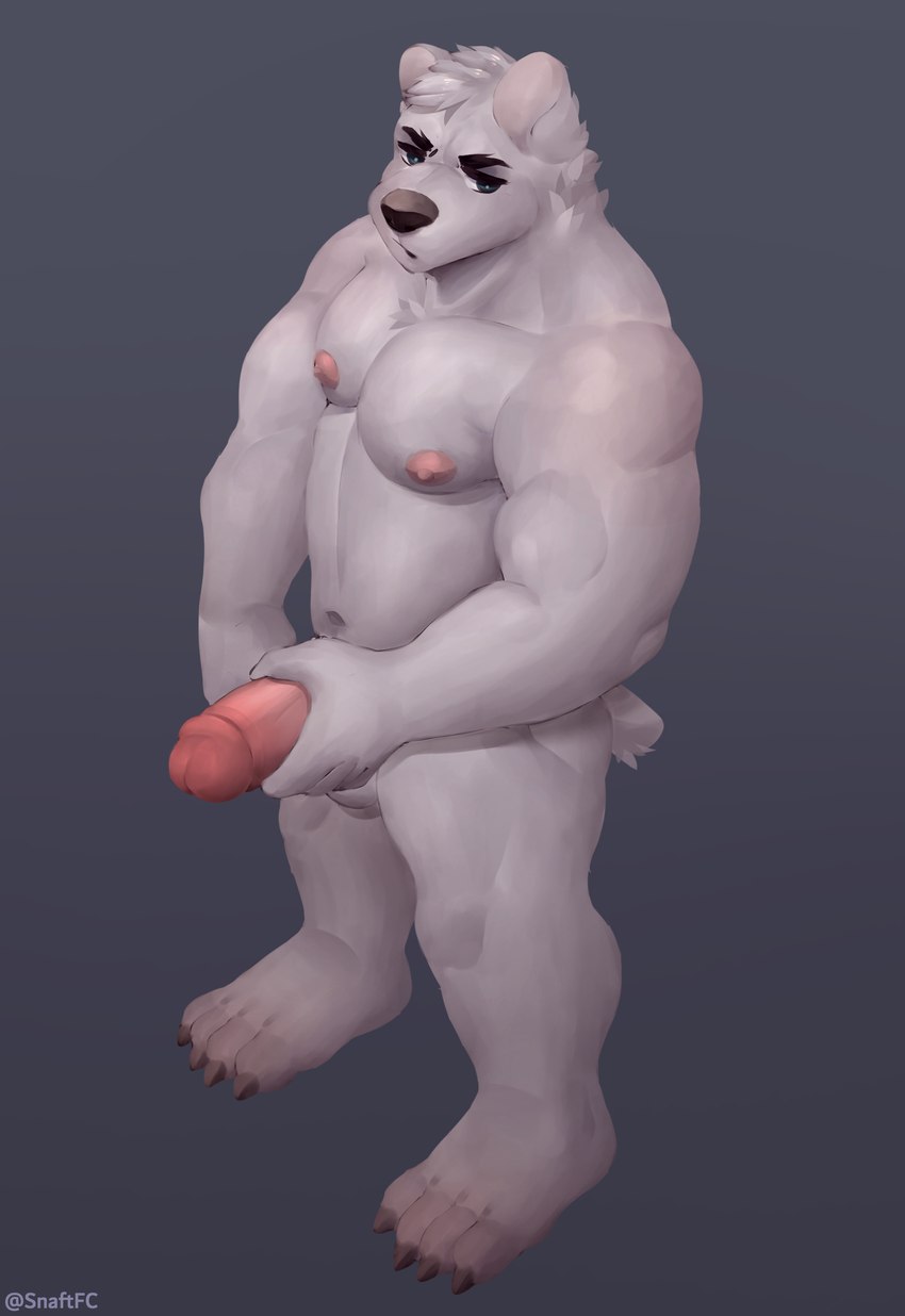 4_toes angry anthro balls barazoku barefoot claws feet fur genitals holding_penis humanoid_genitalia humanoid_penis male muscular muscular_male nipples nude pecs penis short_tail shy solo tail toe_claws toes white_body white_fur snaftfc bear mammal absurd_res hi_res