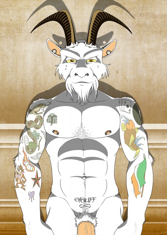 anthro barbell_piercing beard detailed_background ear_piercing facial_hair facial_piercing flesh_tunnel genitals horn male navel nipple_barbell nipple_piercing nipples nose_piercing nude penis piercing pubes septum_piercing shadow solo tattoo anti_dev lars_(anti_dev) bovid caprine goat mammal hi_res