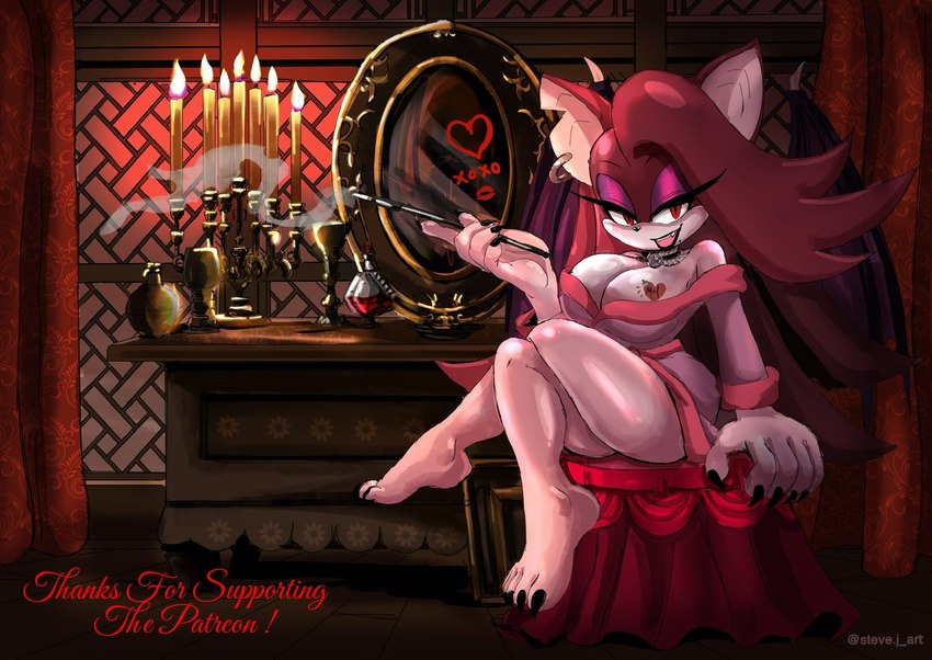 anthro bathrobe big_breasts breasts candlestick clothing female open_mouth open_smile robe sharp_teeth smile smiling_at_viewer teeth steve_jones mel_the_bat bat mammal vampire hi_res