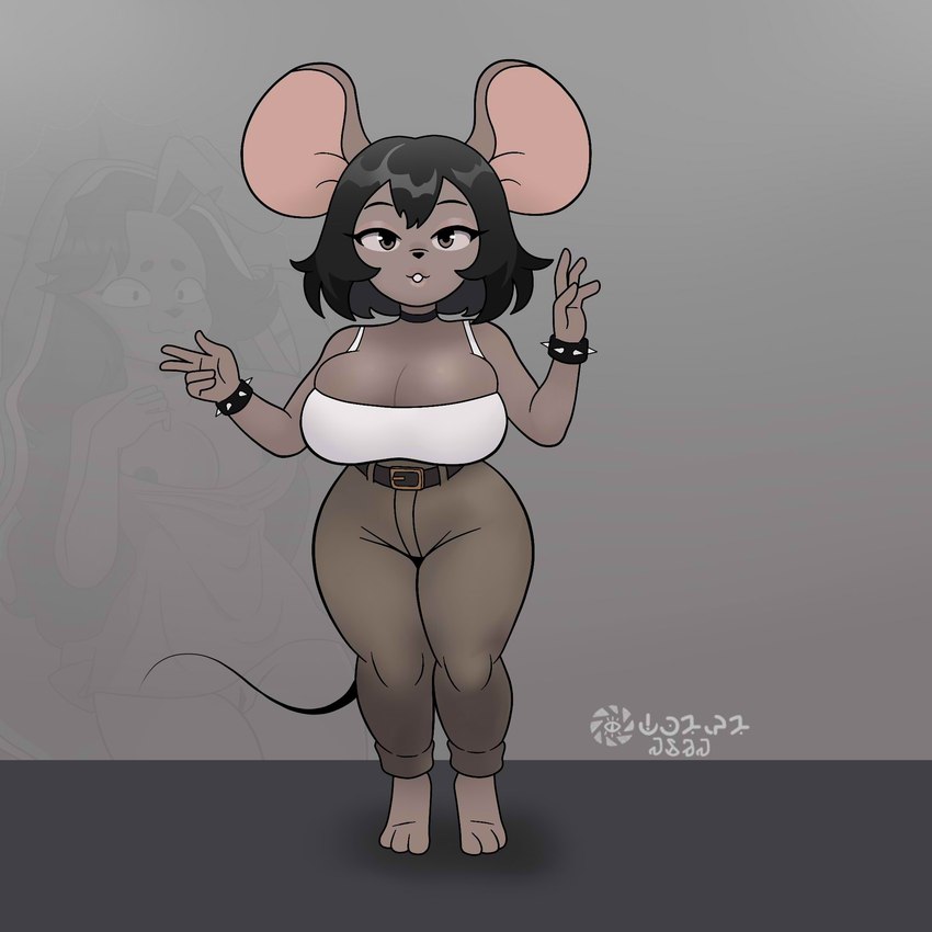 anthro big_breasts black_hair bottomwear breasts cleavage clothed clothing female genitals hair looking_at_viewer makeup nipples pants pussy religion sacrilegious solo pamaht9 background_character brandy_(pamaht9) virgin_mary mammal murid murine rat rodent 1:1 hi_res signature spanish_description