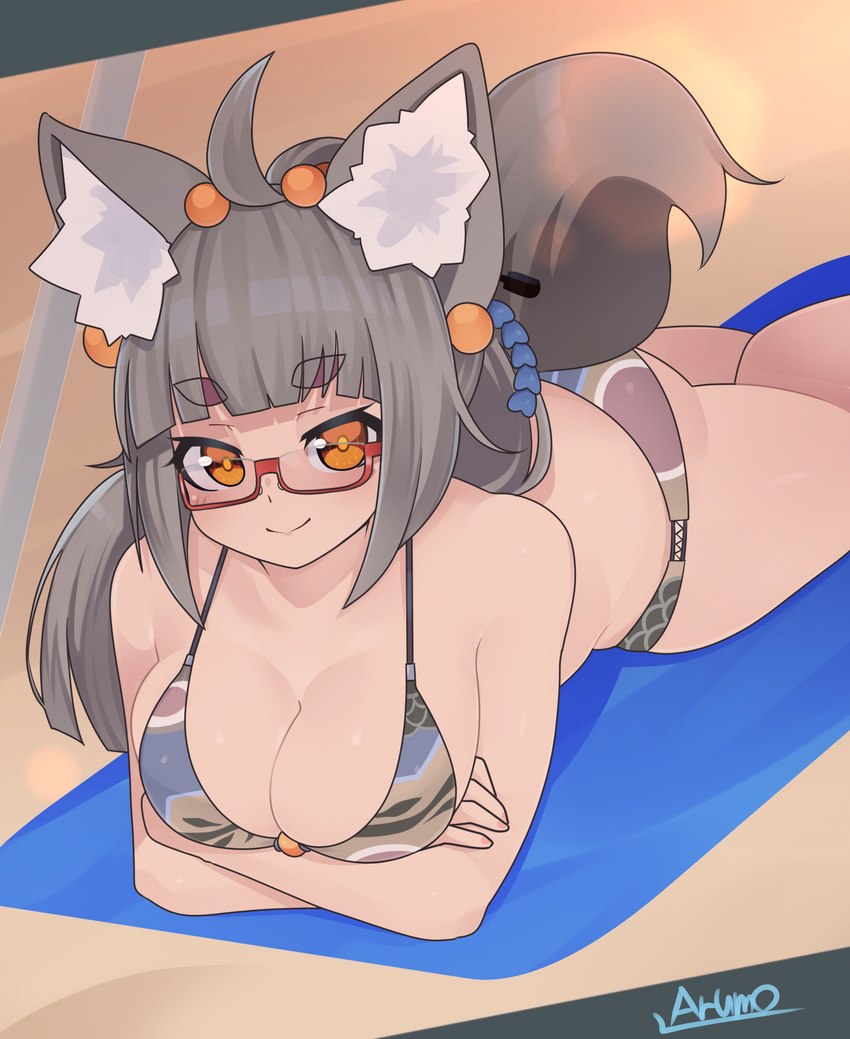 ahoge beach beach_blanket big_breasts bikini breasts brown_eyes brown_hair brown_tail butt cleavage clothed clothing eyes_closed eyewear female fluffy fluffy_tail glasses grey_hair hair inner_ear_fluff long_hair looking_at_viewer lying on_front orange_eyes ponytail rectangular_glasses seaside smile solo swimwear tail thick_thighs tuft two-piece_swimsuit arumo animal_humanoid canid canid_humanoid canine canine_humanoid fox_humanoid humanoid mammal mammal_humanoid hi_res