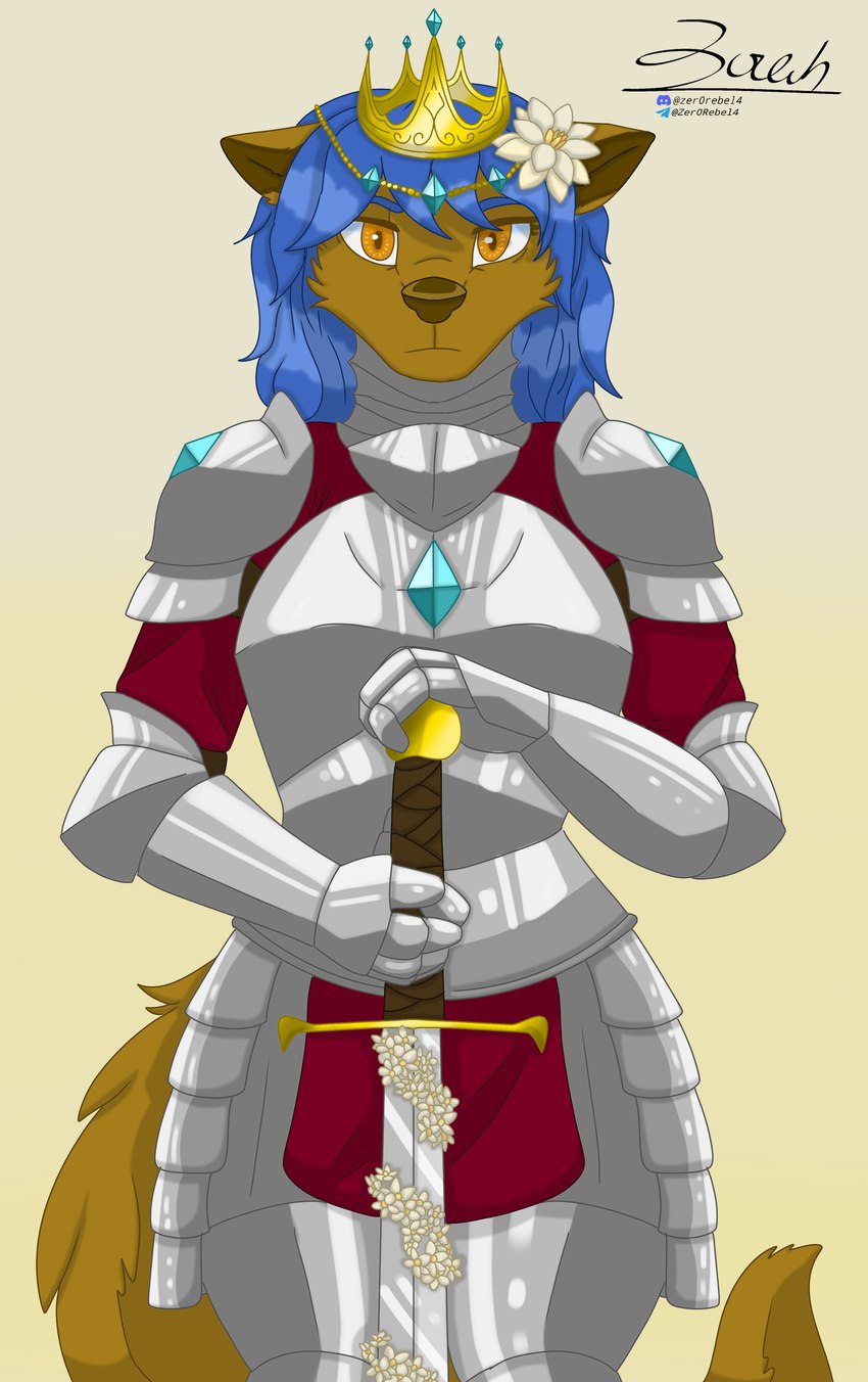 anthro armor armor_plates blue_hair brown_body brown_fur clothing crown female flower full_armor fur gauntlets gem gloves gradient_background hair handwear head_necklace headgear holding_melee_weapon holding_object holding_sword holding_weapon knight knight_armor medieval_armor melee_weapon neutral_expression orange_eyes plant plate_armor queen royalty simple_background solo sword warrior weapon zer0rebel4 discord_(app) telegram alien aviarian_wolf canid canine mammal marsupial 2025 absurd_res hi_res portrait herm_(lore)