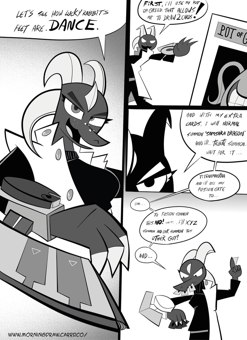 anthro card_game dialogue duel_disk duel_monster_cards female gaming horn solo text trading_card_game sebaku mythology yu-gi-oh! pot_of_greed dragon mythological_creature mythological_scalie scalie absurd_res comic english_text greyscale hi_res monochrome