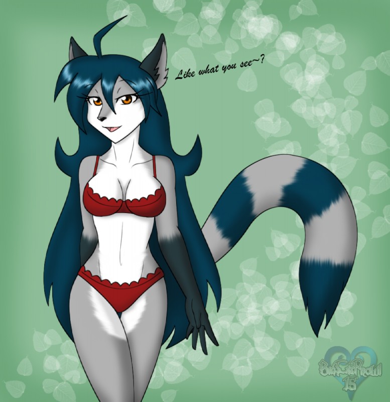 amber_eyes anthro black_hair bra breasts clothing female fur grey_body grey_fur hair long_hair looking_at_viewer open_mouth panties solo stripes underwear white_body white_fur bigcatprowl nera_abey mammal procyonid raccoon 2015