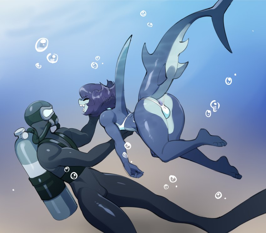 anthro anus bikini bikini_bottom bikini_top bulge butt clothed clothing countershading crossdressing diving_mask duo femboy food male mask scuba scuba_diver scuba_gear skimpy skimpy_bikini swimming swimwear two-piece_swimsuit underwater water white_bikini white_clothing white_swimwear nedoiko hammie_(nedoiko) fish ground_shark hammerhead_shark marine shark hi_res meme