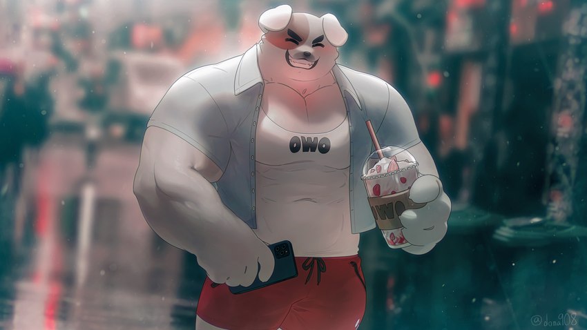 anthro beverage biceps clothed clothing detailed_background food fur male muscular muscular_anthro muscular_male owo solo dona908 canid canine canis domestic_dog mammal 16:9 absurd_res digital_media_(artwork) hi_res widescreen