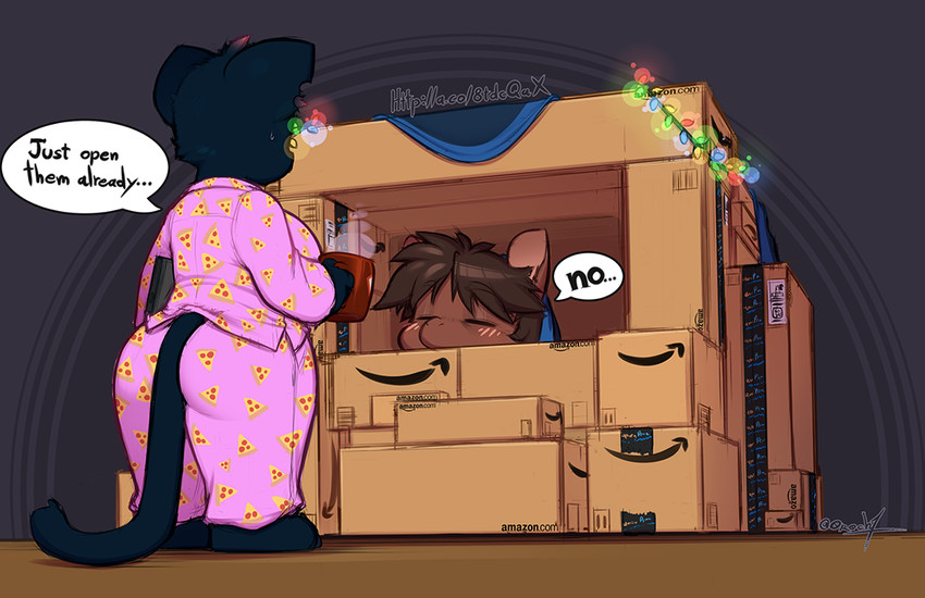 ambiguous_gender anthro beverage big_breasts black_body black_fur box box_fort breasts brown_body brown_fur brown_hair butt cardboard cardboard_box christmas_lights clothed clothing container cup dialogue duo eyes_closed female fort fully_clothed fur grey_background hair head_tuft holding_container holding_cup holding_object looking_at_another monotone_body monotone_fur overweight overweight_female pajamas short_stack simple_background speech_bubble standing text tuft 0r0ch1 amazon_(company) night_in_the_woods mae_borowski red_alert_(0r0ch1) domestic_cat equid equine felid feline felis horse mammal english_text